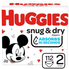 Huggies Snug & Dry size 2 baby diapers box with Mickey Mouse design, 112 count, absorbs in seconds
