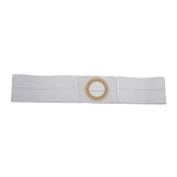 White medical abdominal belt with circular stoma opening for ostomy support