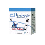Box of FreeStyle blood glucose test strips, 50 count, with blue butterflies and Abbott logo