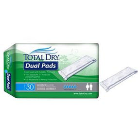 Total Dry Dual Pads pack with absorbent incontinence pads for adults on white background