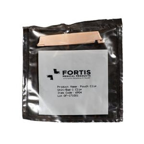 Medical pouch clip in clear packaging, labeled for essential healthcare supply use.