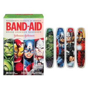Box of Avengers character adhesive bandages with four decorated bandage strips shown.