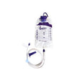 Clear medical enteral feeding bag with purple cap, labeled measurements, and attached tube