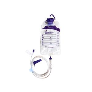 Clear medical enteral feeding bag with purple cap, labeled measurements, and attached tube
