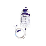 Clear medical enteral feeding bag with purple cap, labeled measurements, and attached tube