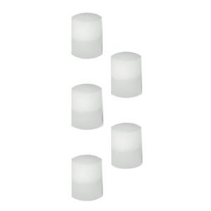 Set of six white silicone caps for medical supplies, shown on a white background