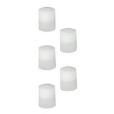 Set of six white silicone caps for medical supplies, shown on a white background