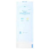 Paper sterilization pouch for medical supplies, clear sealed packaging, upright view