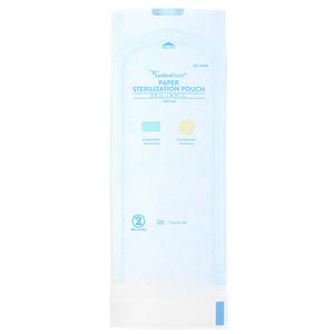 Paper sterilization pouch for medical supplies, clear sealed packaging, upright view