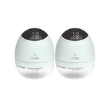 Pair of digital wearable breast pumps with LCD screens on a white background