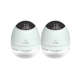 Pair of digital wearable breast pumps with LCD screens on a white background