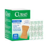 Curad flex-fabric adhesive bandages box and one unwrapped bandage for wound care