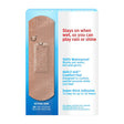 Waterproof adhesive bandage box showing actual size bandage, comfort pad, and product benefits