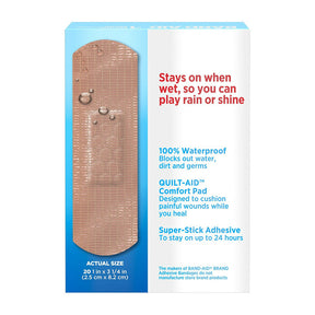 Waterproof adhesive bandage box showing actual size bandage, comfort pad, and product benefits