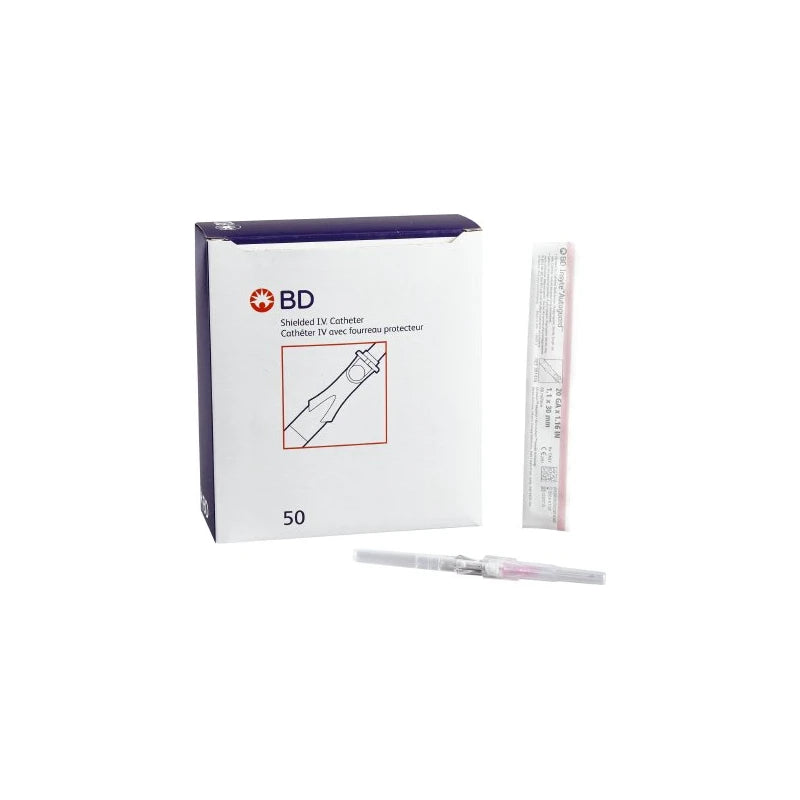 BD shielded IV catheter box with individual packaged catheter and needle on white background