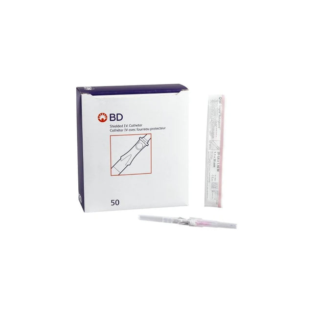 BD shielded IV catheter box with individual packaged catheter and needle on white background