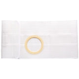 White abdominal ostomy support belt with round opening, medical supply on white background