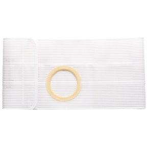 White abdominal ostomy support belt with round opening, medical supply on white background