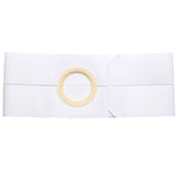 White ostomy belt with round opening, medical support accessory on plain background.