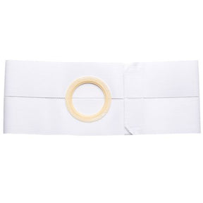 White ostomy belt with round opening, medical support accessory on plain background.