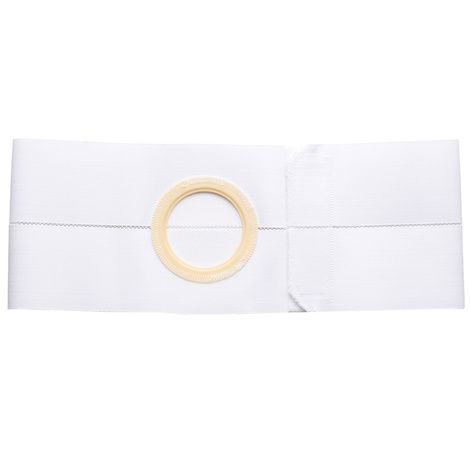 White ostomy belt with round opening, medical support accessory on plain background.