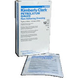 Petrolatum gauze non-adhering dressing box with a single sterile gauze pad displayed
