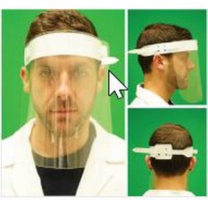 Man wearing clear protective face shield with adjustable headband, shown front, side, and back views