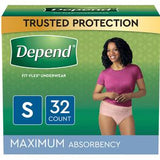Depend Fit-Flex Underwear for women, size S, maximum absorbency, 32 count box.