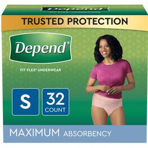 Depend Fit-Flex Underwear for women, size S, maximum absorbency, 32 count box.
