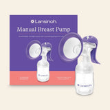 Lansinoh manual breast pump with purple and clear parts, box and product on cream background