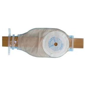 Ostomy bag with adhesive barrier, medical supply for stoma care, shown on flat surface