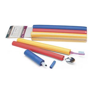 Colorful foam grip tubing for utensils, toothbrush, and pen, aids daily living support.