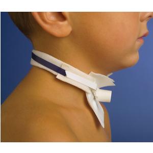 Child wearing a medical tracheostomy neckband, close-up side profile on blue background