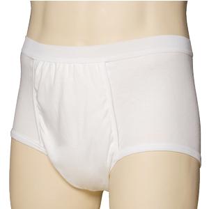 Adult male mannequin wearing white medical incontinence briefs, front view