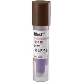 Sterilization indicator vial with brown cap and purple liquid, used for medical equipment testing