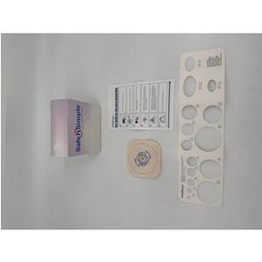 Medical dressing kit with adhesive bandage, measuring guide, instructions, and box on white background