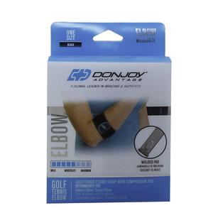 Elbow support strap for pain relief in retail packaging, adjustable, for joint support.