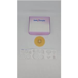 Ostomy barrier ring with adhesive seals and Safe n Simple product box on white background