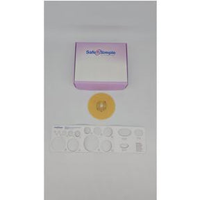 Ostomy barrier ring with adhesive seals and Safe n Simple product box on white background