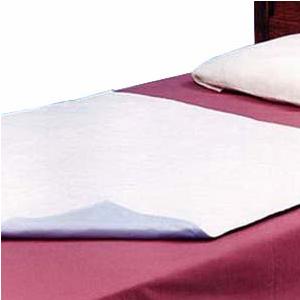 Disposable bed underpad on a maroon sheet, used for incontinence protection