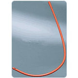 Red medical catheter tube with smooth tip on a plain gray background