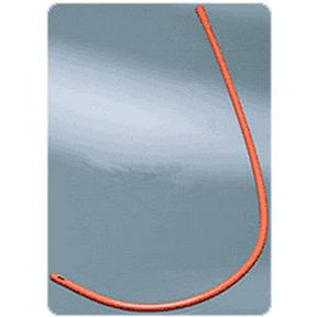 Red medical catheter tube with smooth tip on a plain gray background