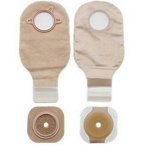Two-piece beige ostomy bags and adhesive skin barriers for medical home care