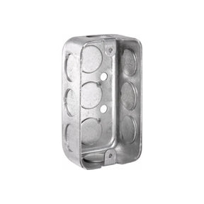 Metal electrical box with knockouts and mounting holes, isolated on white background