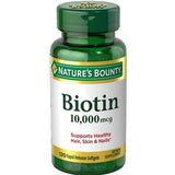 Nature's Bounty Biotin 10,000 mcg supplement bottle for hair, skin, and nail health
