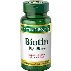Nature's Bounty Biotin 10,000 mcg supplement bottle for hair, skin, and nail health