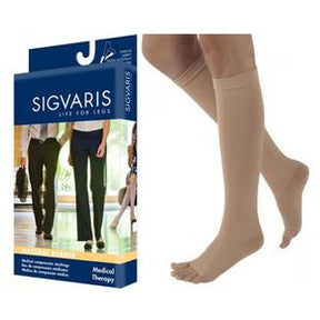 Beige compression socks for legs with retail packaging, medical support hosiery