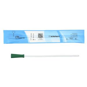 Sterile intermittent catheter with green tip and blue packaging for home medical use