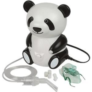 Panda-shaped pediatric nebulizer machine with tubing, mouthpiece, and mask, medical supply