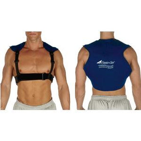 Reusable blue shoulder and upper back hot cold therapy wrap shown on male model, front and back view.